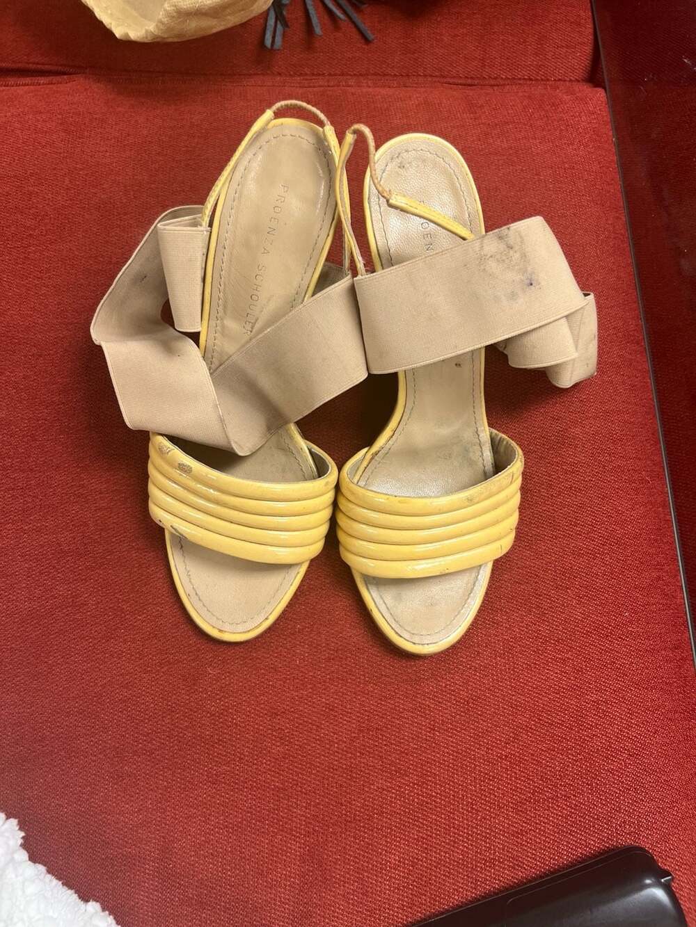 Vintage Proenza Schouler Yellow Leather and Beige Elastic Slingback Sandals